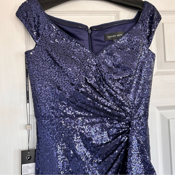 NWT TADASHI SHOJI SEQUIN OFF THE-SHOULDER GOWN NAVY PARTY FORMAL METALLIC   XS - Picture 8 of 14